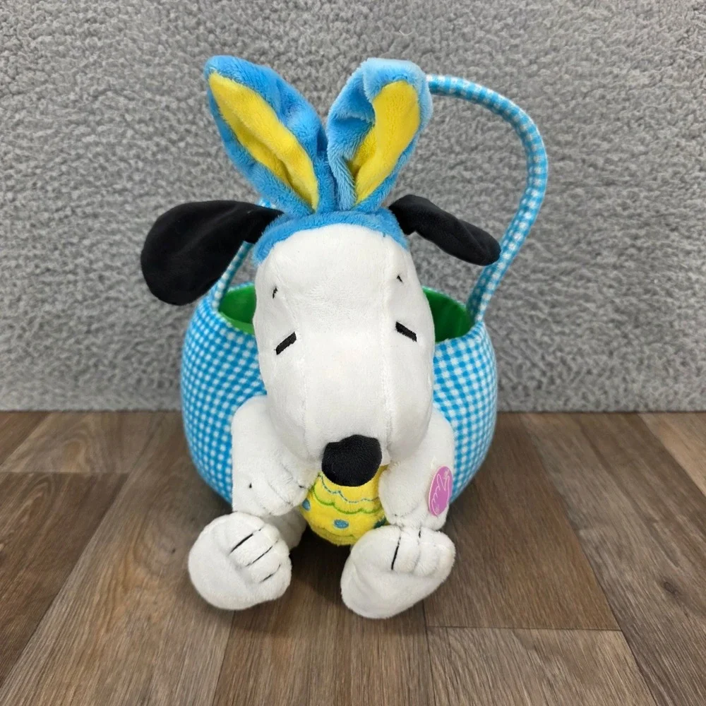 Peanuts Snoopy Plush Easter Basket Blue Gingham Bunny Ears Stuffed Animal 10in